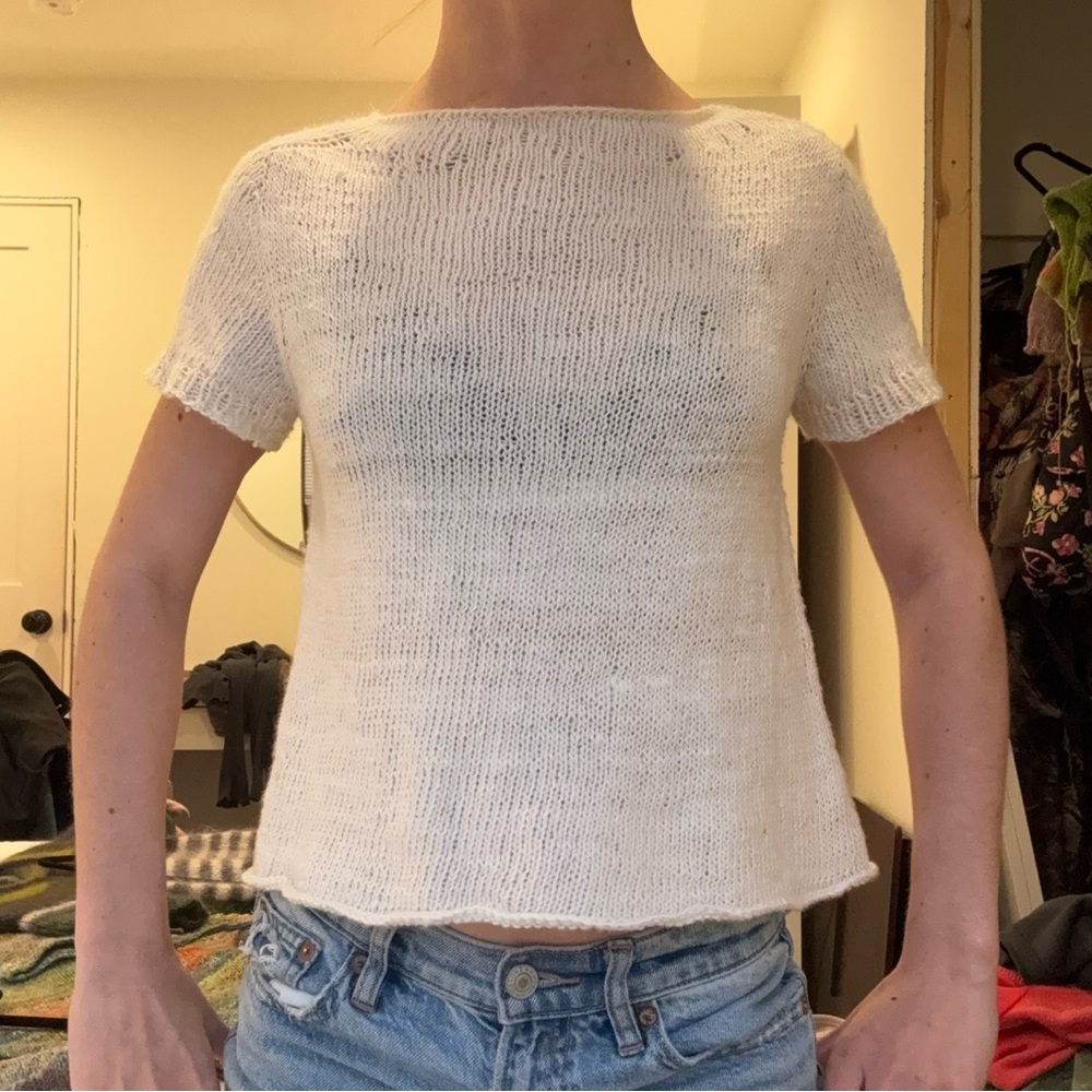 Hand Knit White Cotton Short Sleeve Tee - Picture 8 of 8